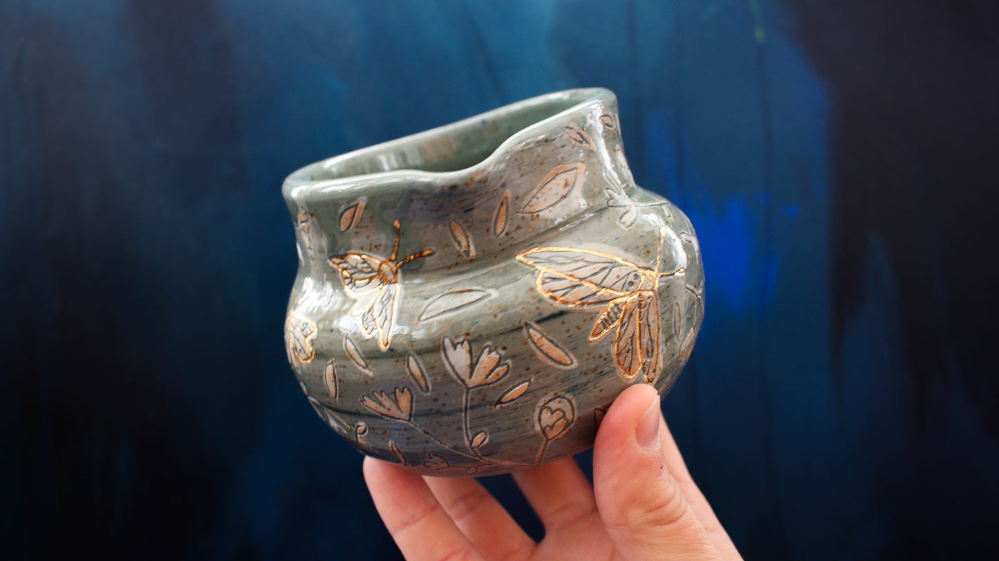 13oz Golden Teal Moth Pinch Pitcher Woodfired