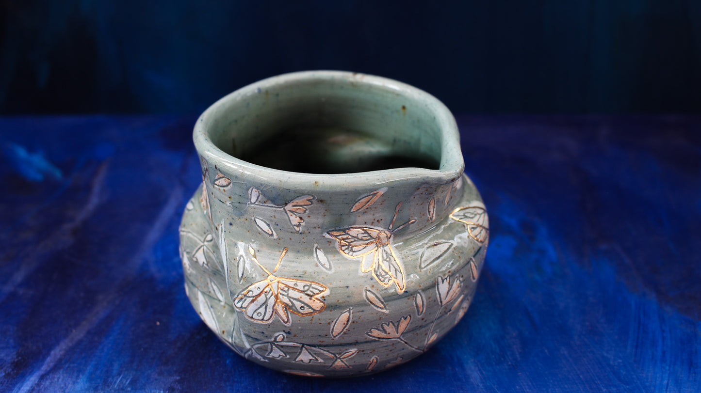 13oz Golden Teal Moth Pinch Pitcher Woodfired