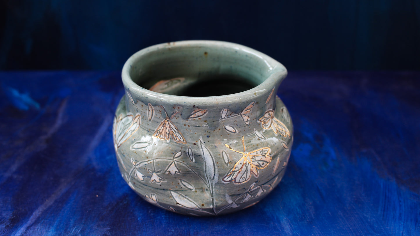 13oz Golden Teal Moth Pinch Pitcher Woodfired
