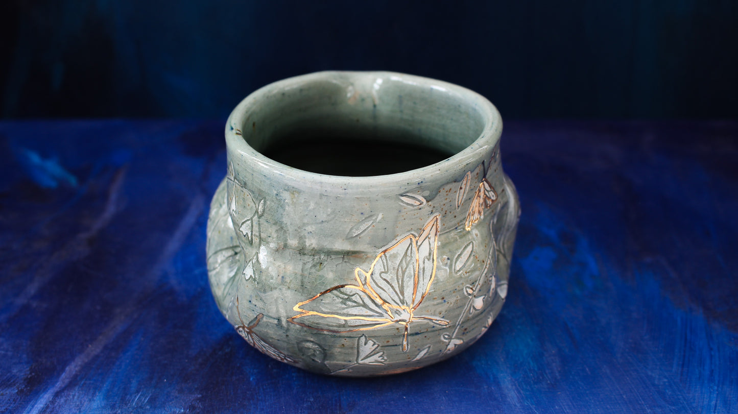 13oz Golden Teal Moth Pinch Pitcher Woodfired