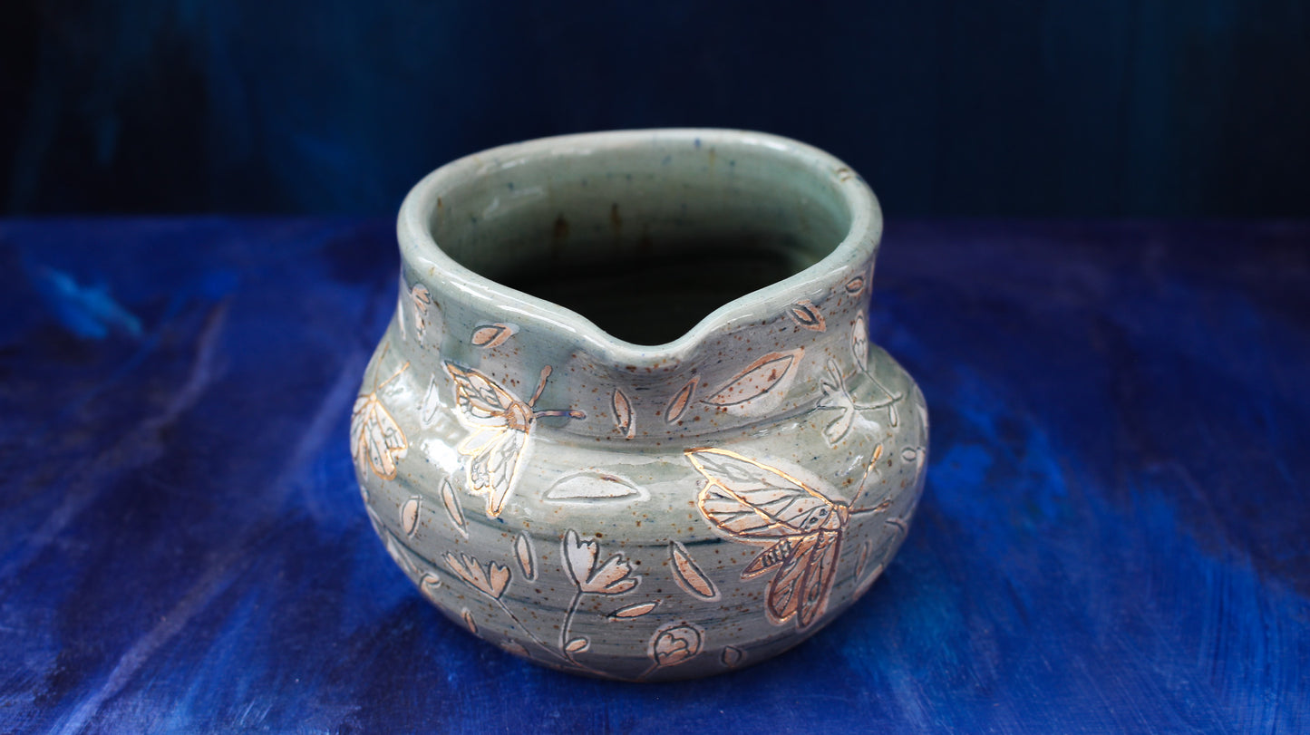 13oz Golden Teal Moth Pinch Pitcher Woodfired